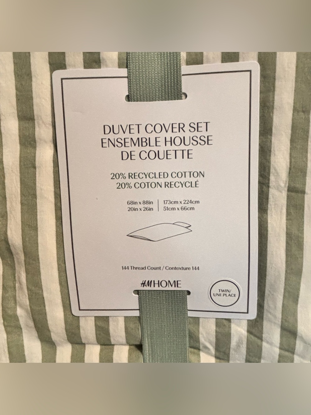H&M Home-Cotton Striped Sage Green Duvet Cover Sham Set Cottage Country Twin-New - Picture 2 of 3